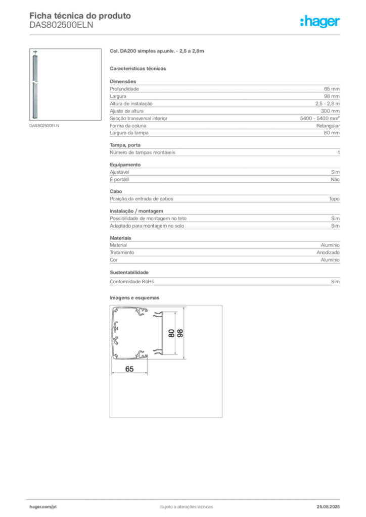 Imagem Hager Ficha técnica do produto DAS802500ELN | Hager Portugal