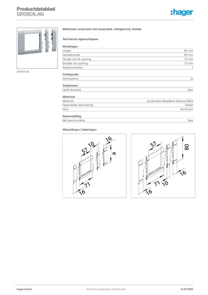 Afbeelding Hager Productdatablad GR0801LAN | Hager Nederland