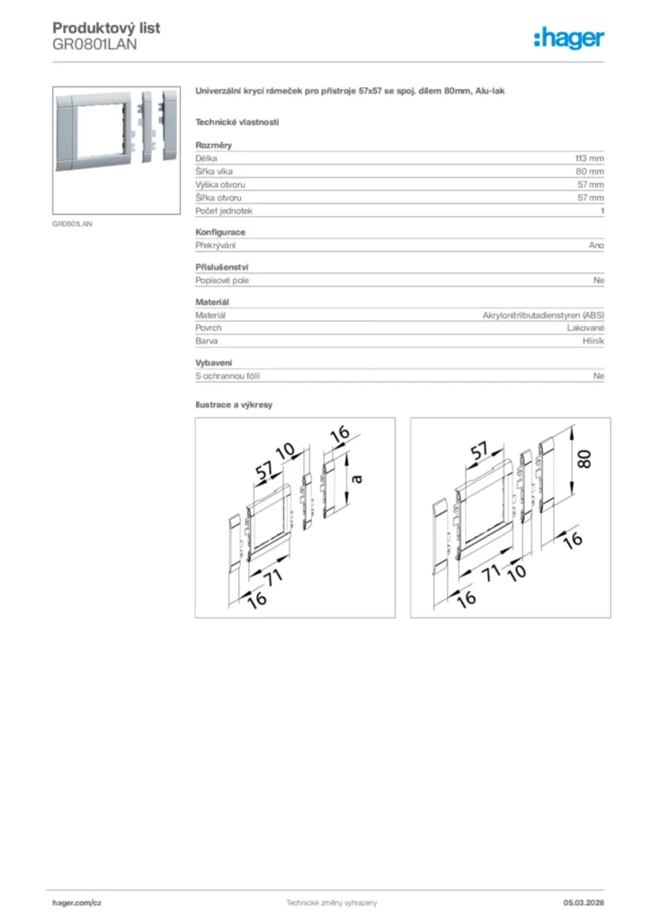 Obrázek Hager Product data sheet GR0801LAN | Hager