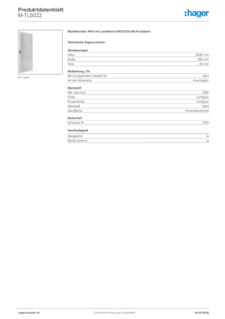 Bild Hager Produktdatenblatt M-TL5022 | Hager Schweiz