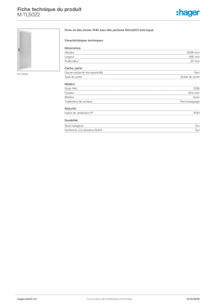 Image Hager Fiche technique du produit M-TL5022 | Hager Suisse