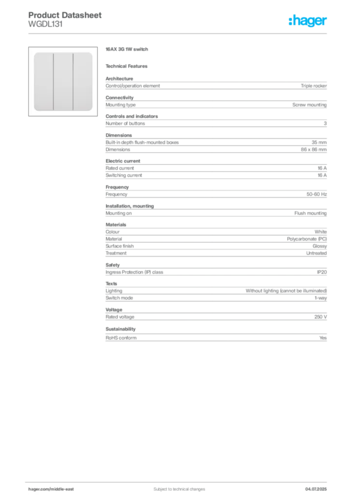 Image Hager Product data sheet WGDL131  | Hager