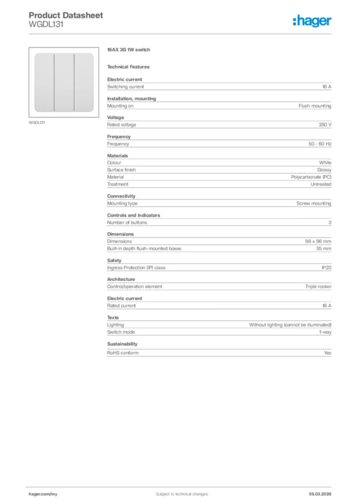 Image Hager Product data sheet WGDL131  | Hager