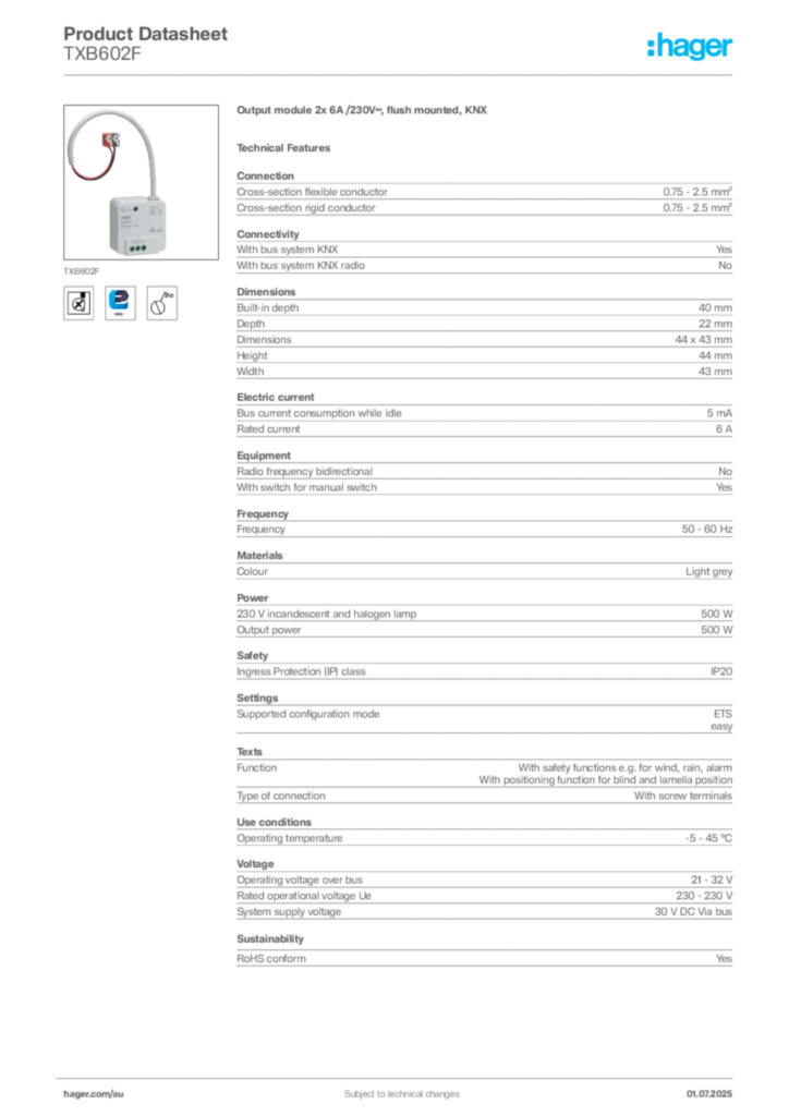 Image Hager Product data sheet TXB602F  | Hager Australia