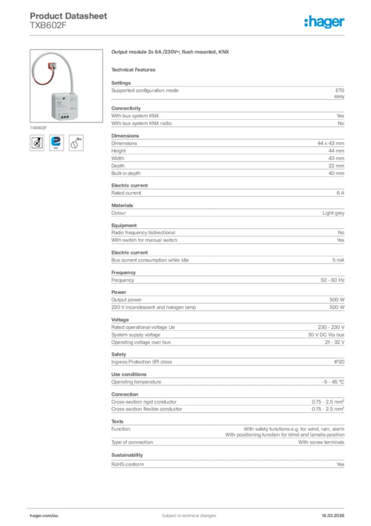Image Hager Product data sheet TXB602F  | Hager Australia