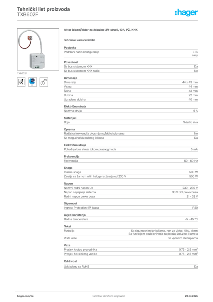 Slika Hager Product data sheet TXB602F  | Hager