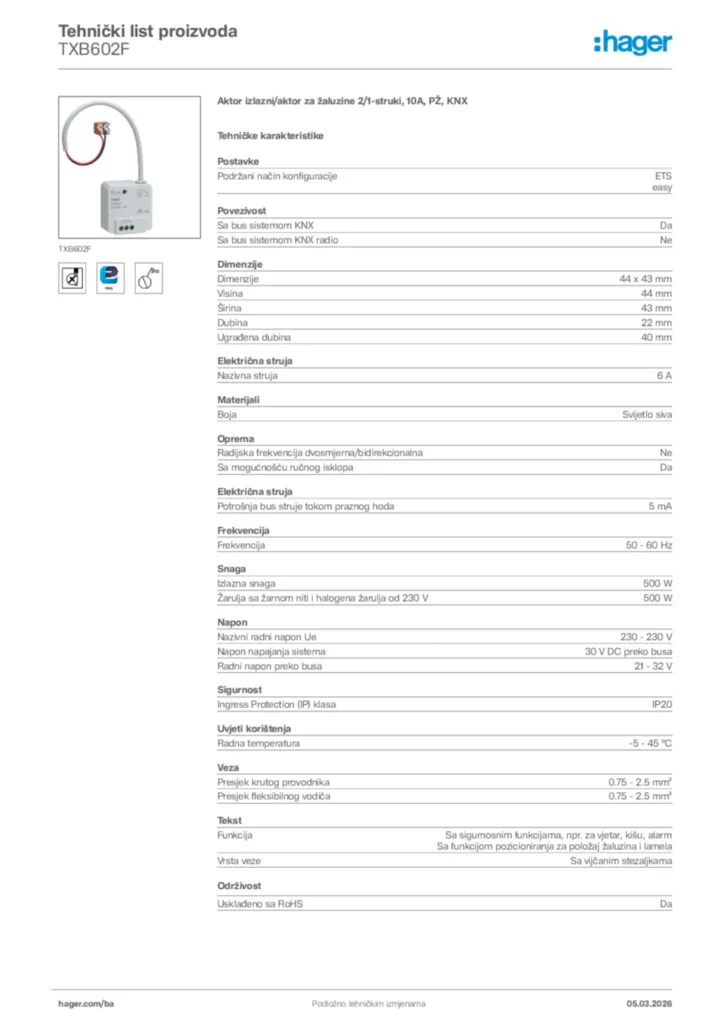 Slika Hager Tehnički list proizvoda TXB602F  | Hager