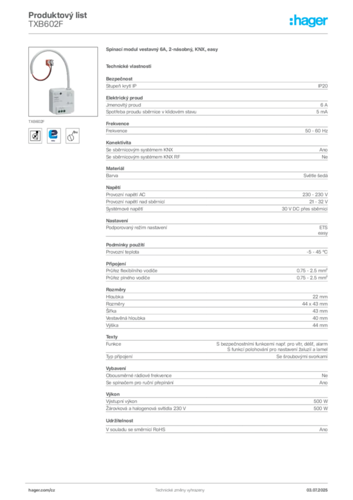 Obrázek Hager Produktový list TXB602F | Hager