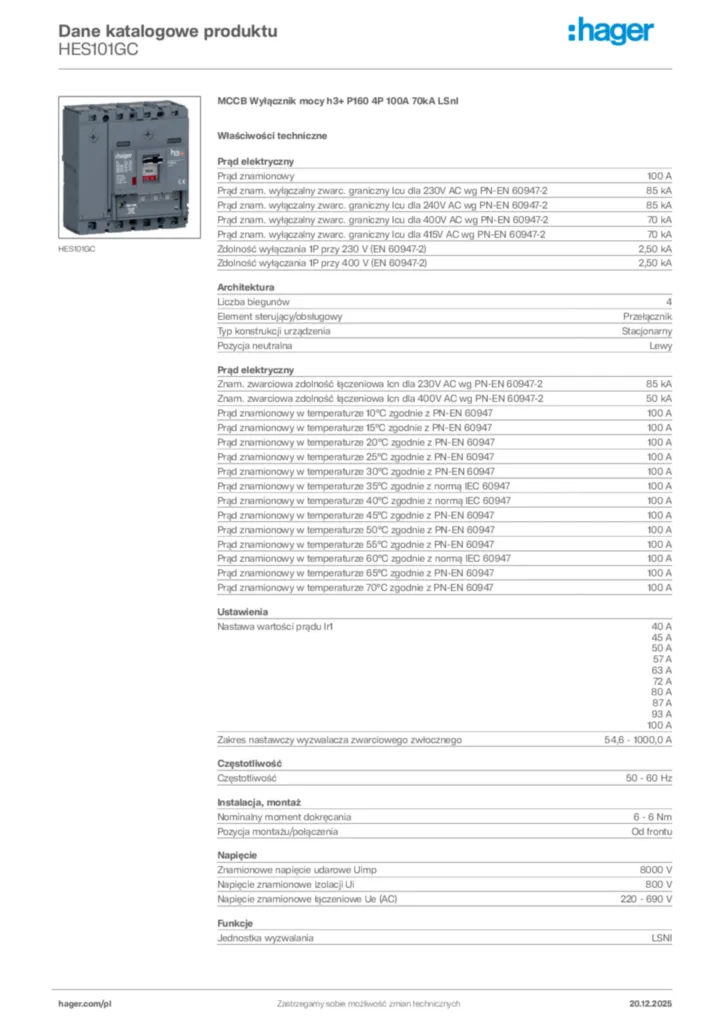 Zdjęcie Hager Dane katalogowe produktu HES101GC | Hager Polska