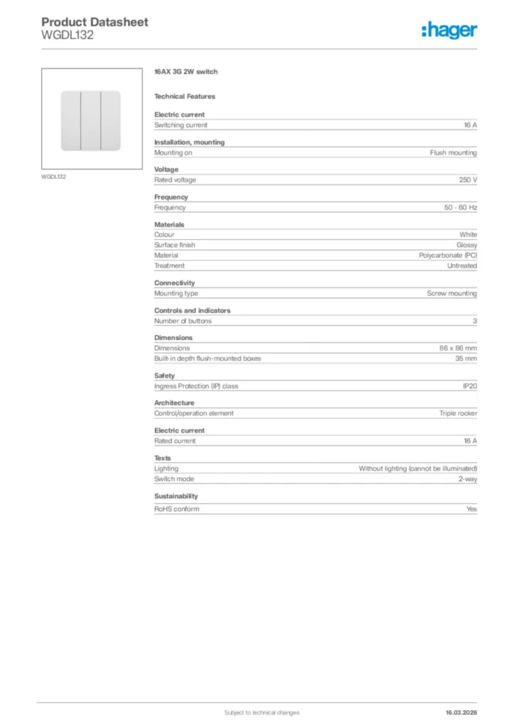 Image Hager Product data sheet WGDL132  | Hager