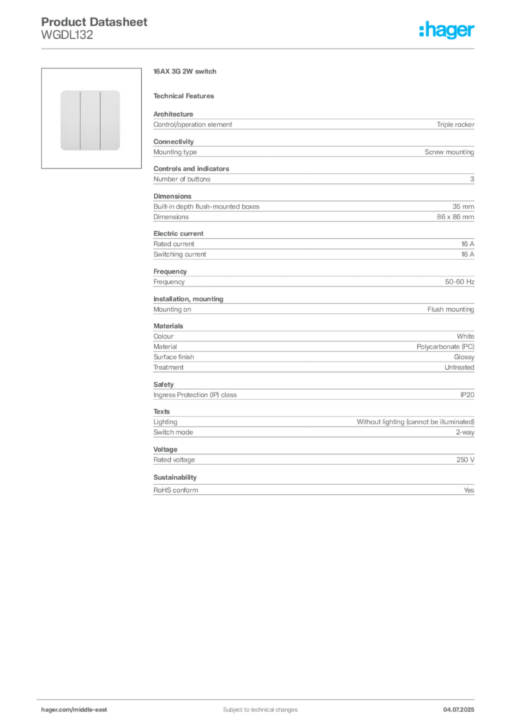 Image Hager Product data sheet WGDL132  | Hager