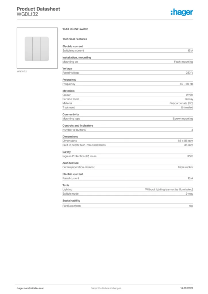 Image Hager Product data sheet WGDL132  | Hager