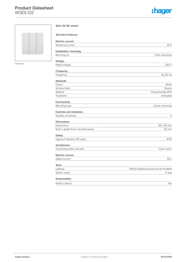 Image Hager Product data sheet WGDL132  | Hager
