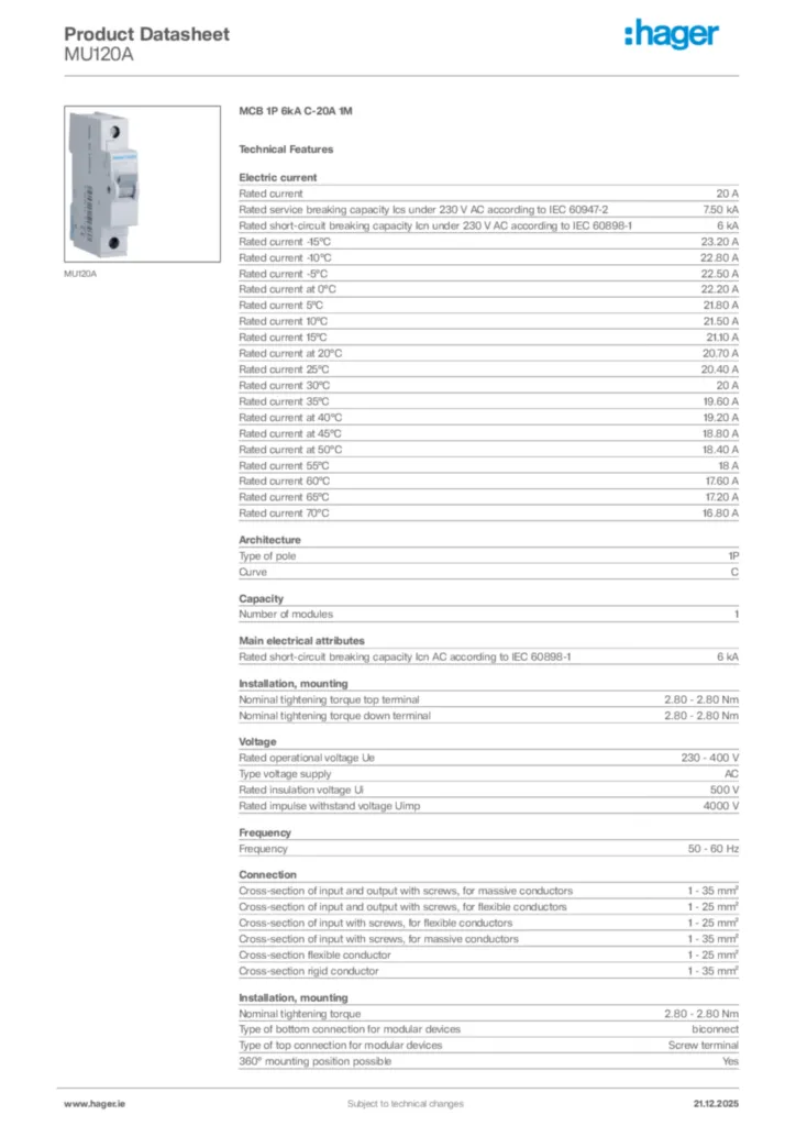 Image Hager Product data sheet MU120A  | Hager