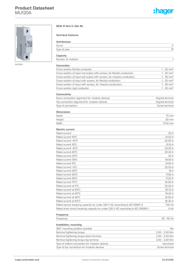 Image Hager Product data sheet MU120A  | Hager