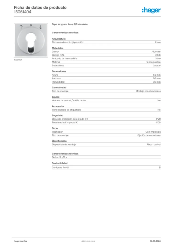 Imagen Hager Ficha de datos de producto 15061404 | Hager España