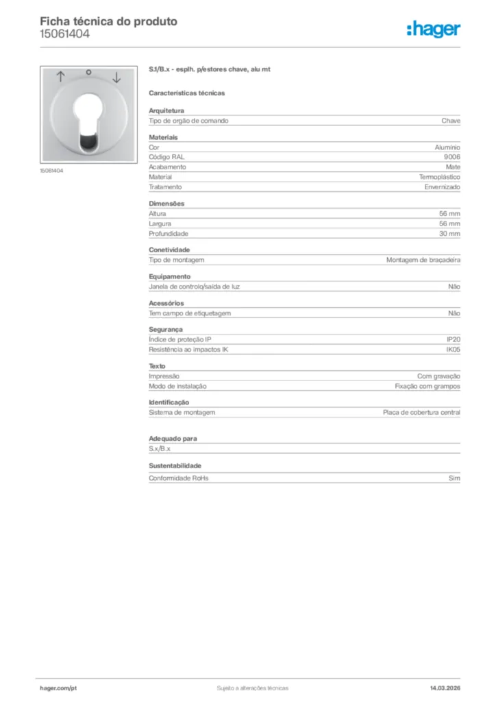 Imagem Hager Ficha técnica do produto 15061404 | Hager Portugal