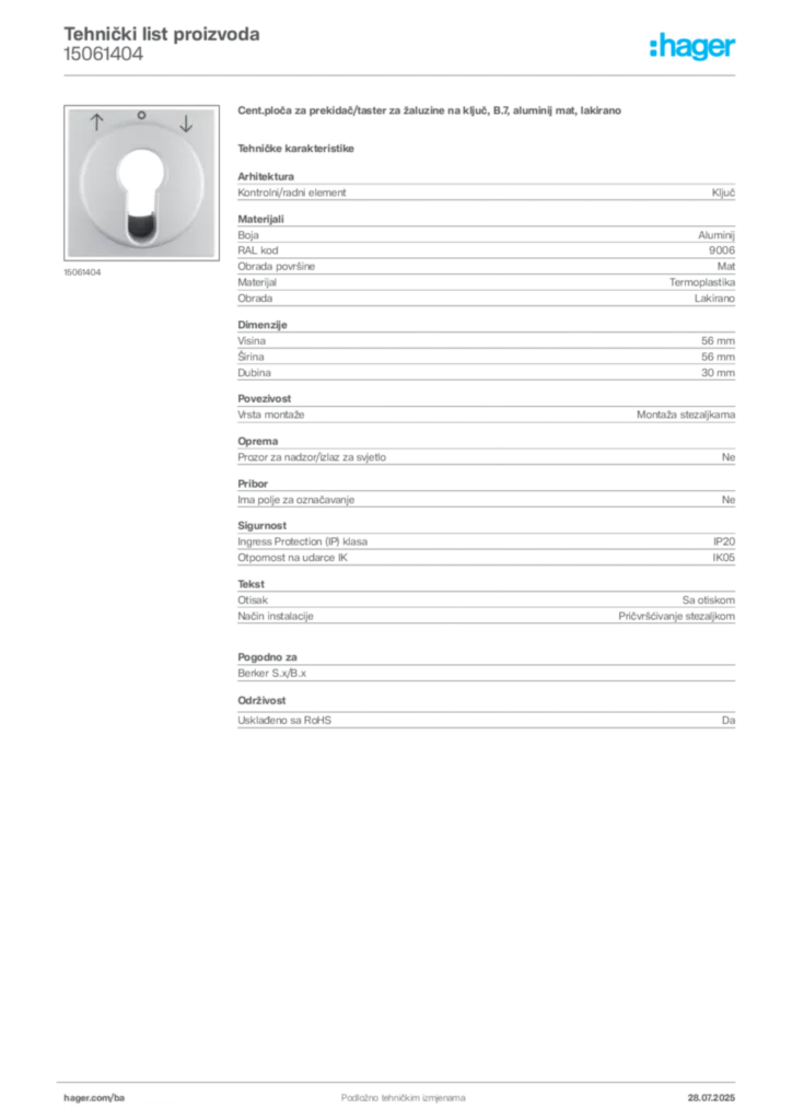 Slika Hager Product data sheet 15061404  | Hager