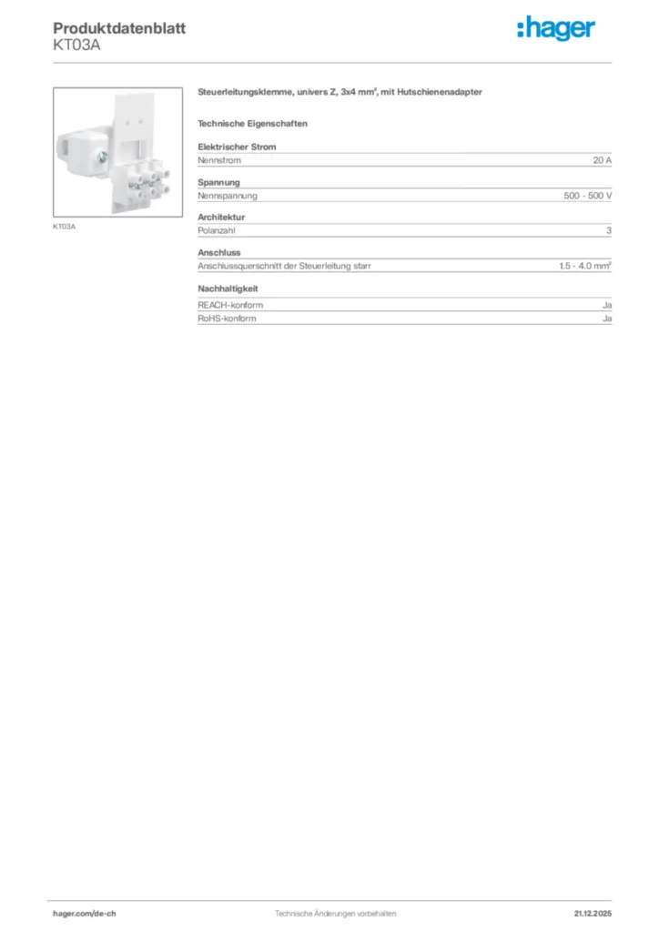 Bild Hager Produktdatenblatt KT03A | Hager Schweiz
