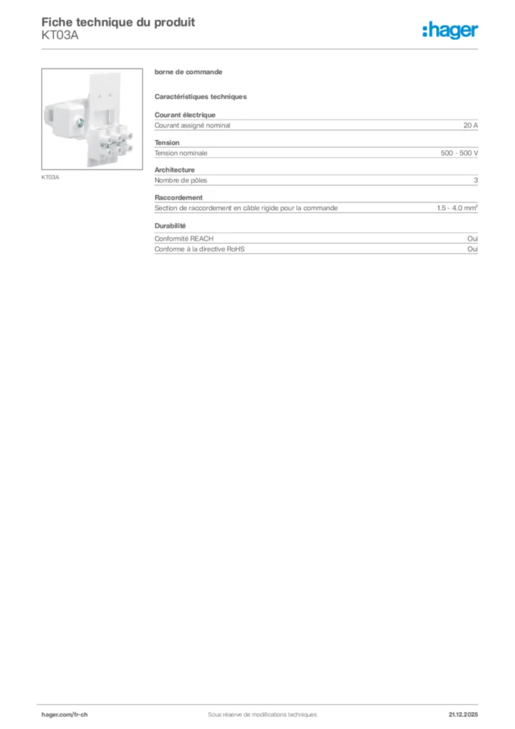 Image Hager Fiche technique du produit KT03A | Hager Suisse