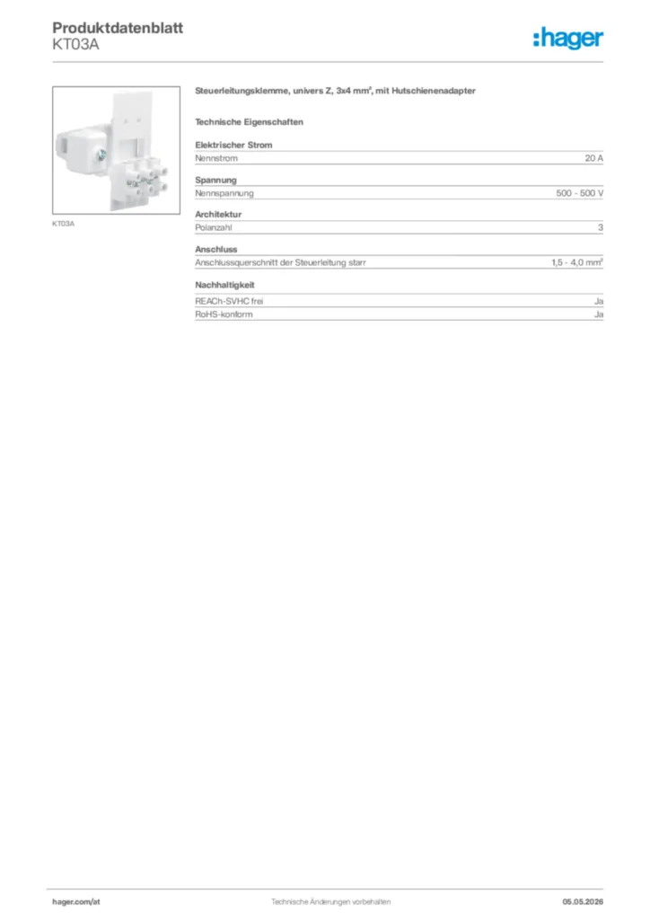 Bild Hager Produktdatenblatt KT03A | Hager Deutschland