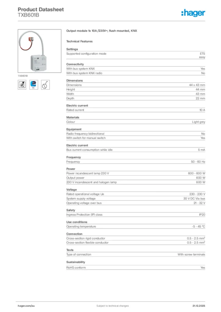 Image Hager Product data sheet TXB601B  | Hager Australia