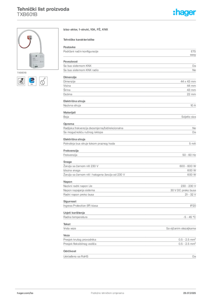 Slika Hager Product data sheet TXB601B  | Hager