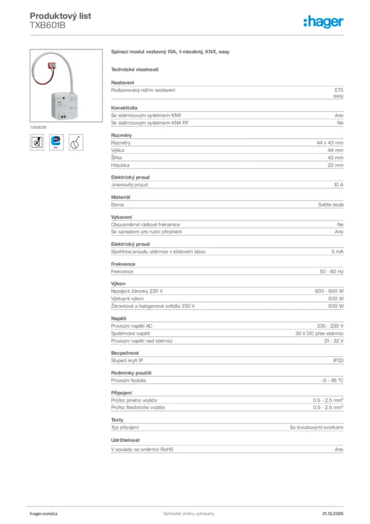 Obrázek Hager Produktový list TXB601B | Hager