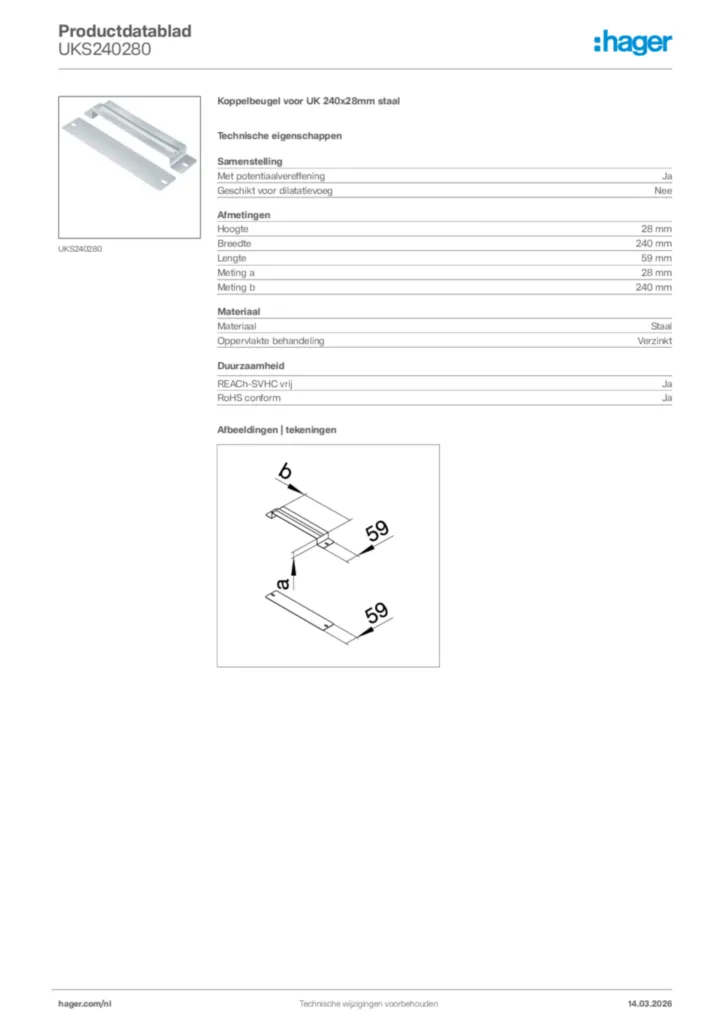 Afbeelding Hager Productdatablad UKS240280 | Hager Nederland