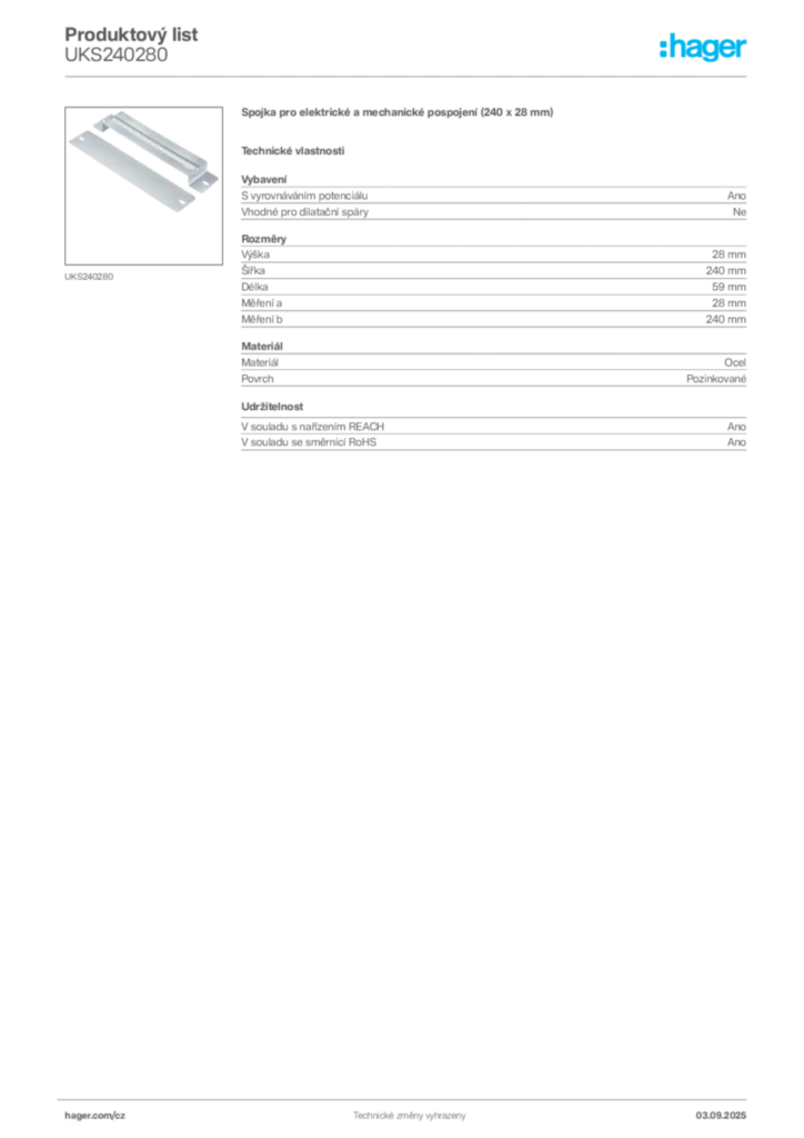 Obrázek Hager Produktový list UKS240280 | Hager