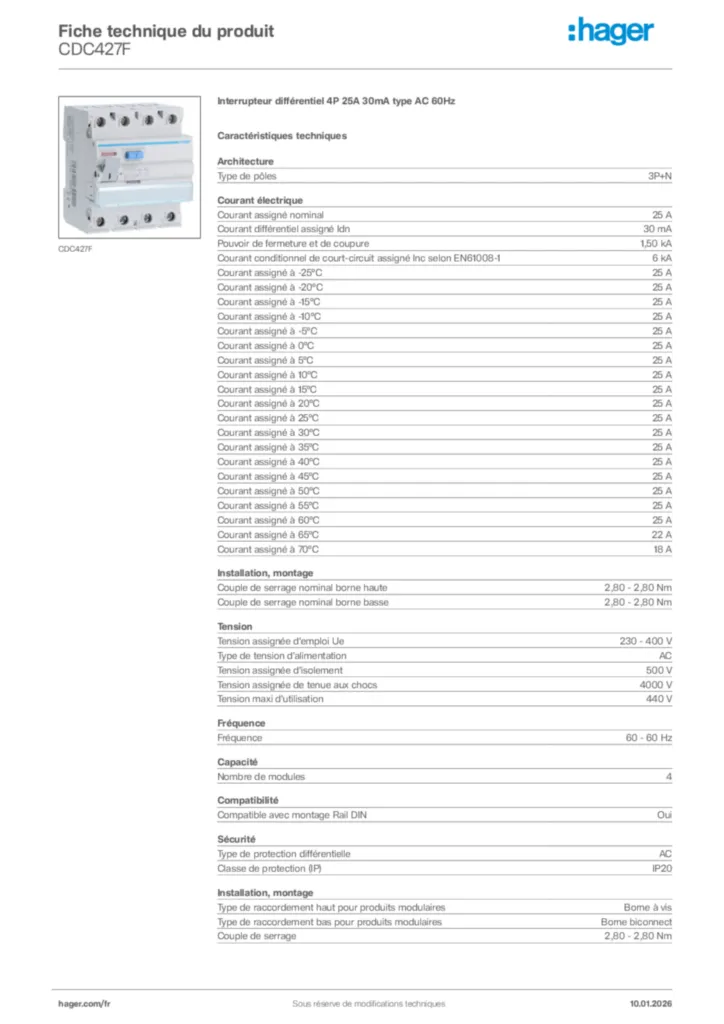 Image Hager Fiche technique du produit CDC427F | Hager France
