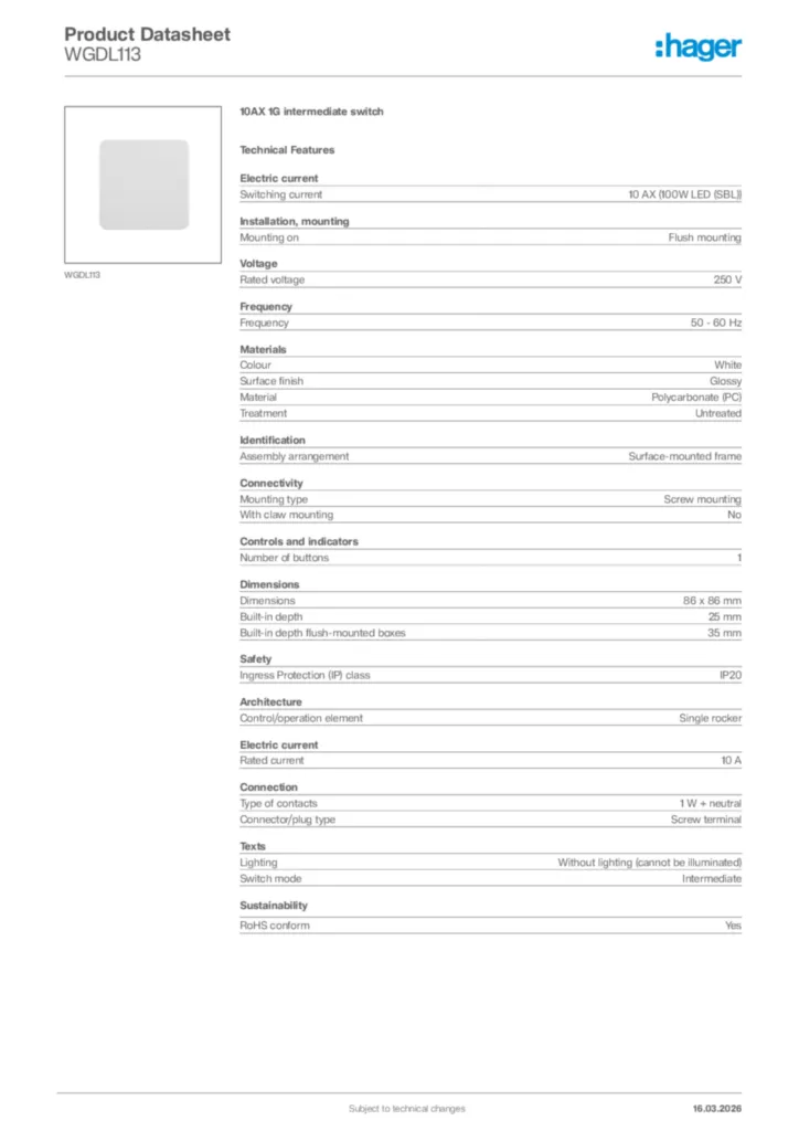 Image Hager Product data sheet WGDL113  | Hager