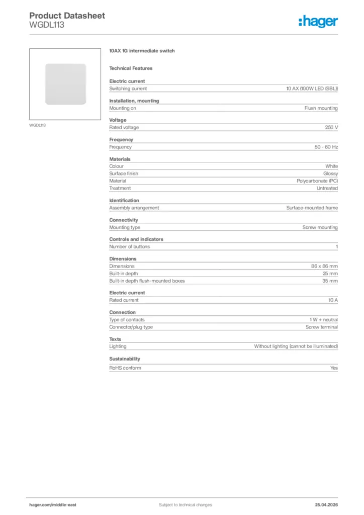 Image Hager Product data sheet WGDL113  | Hager