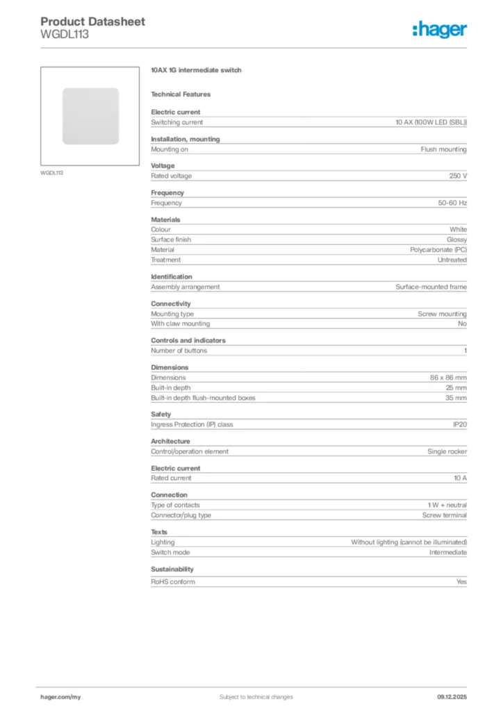 Image Hager Product data sheet WGDL113  | Hager
