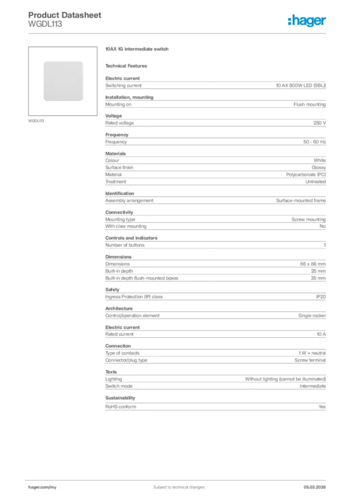 Image Hager Product data sheet WGDL113  | Hager