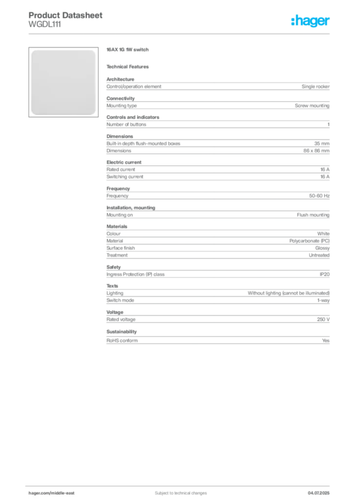 Image Hager Product data sheet WGDL111  | Hager