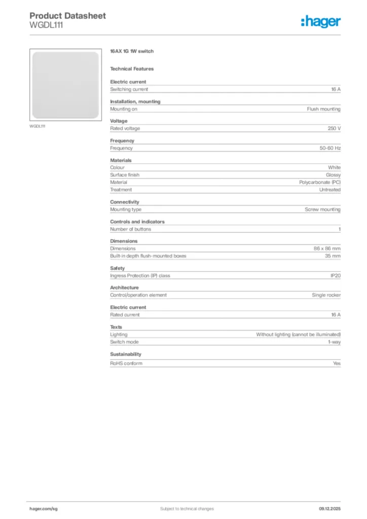 Image Hager Product data sheet WGDL111  | Hager