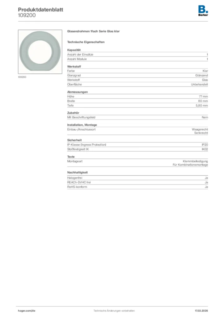 Bild Berker Produktdatenblatt 109200 | Hager Deutschland