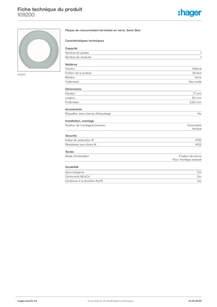 Image Hager Fiche technique du produit 109200 | Hager Belgique