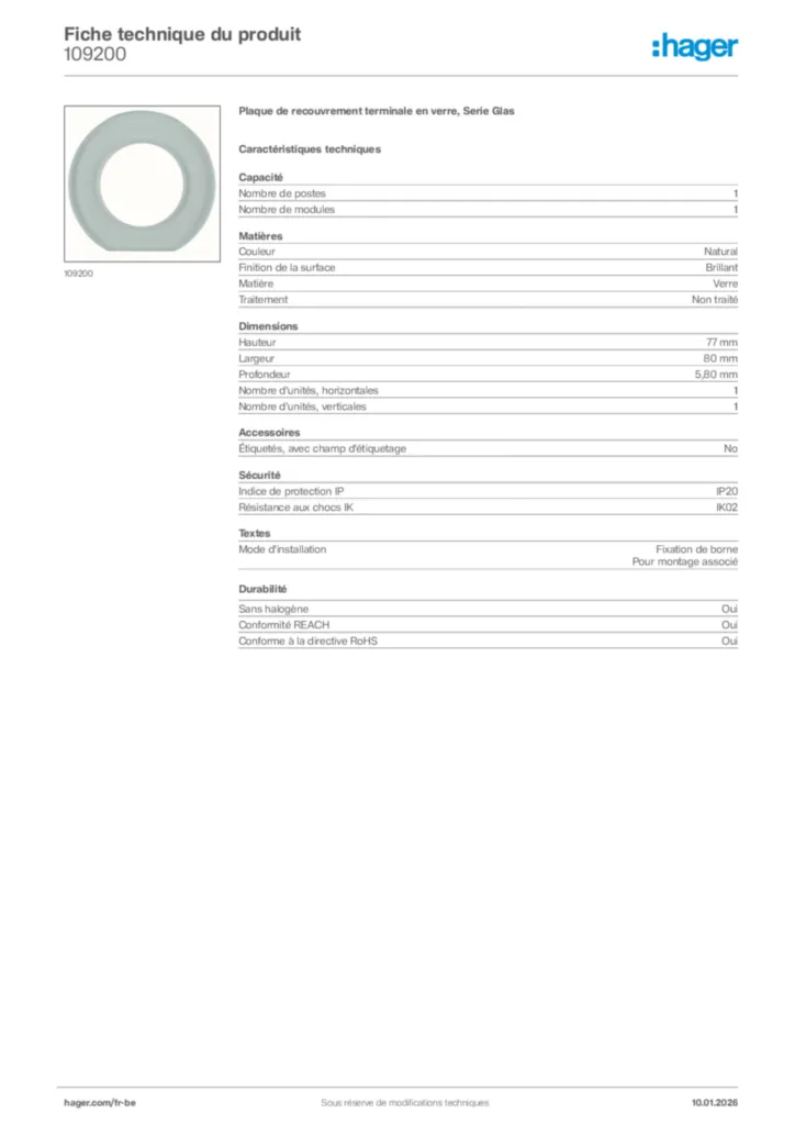 Image Hager Fiche technique du produit 109200 | Hager Belgique