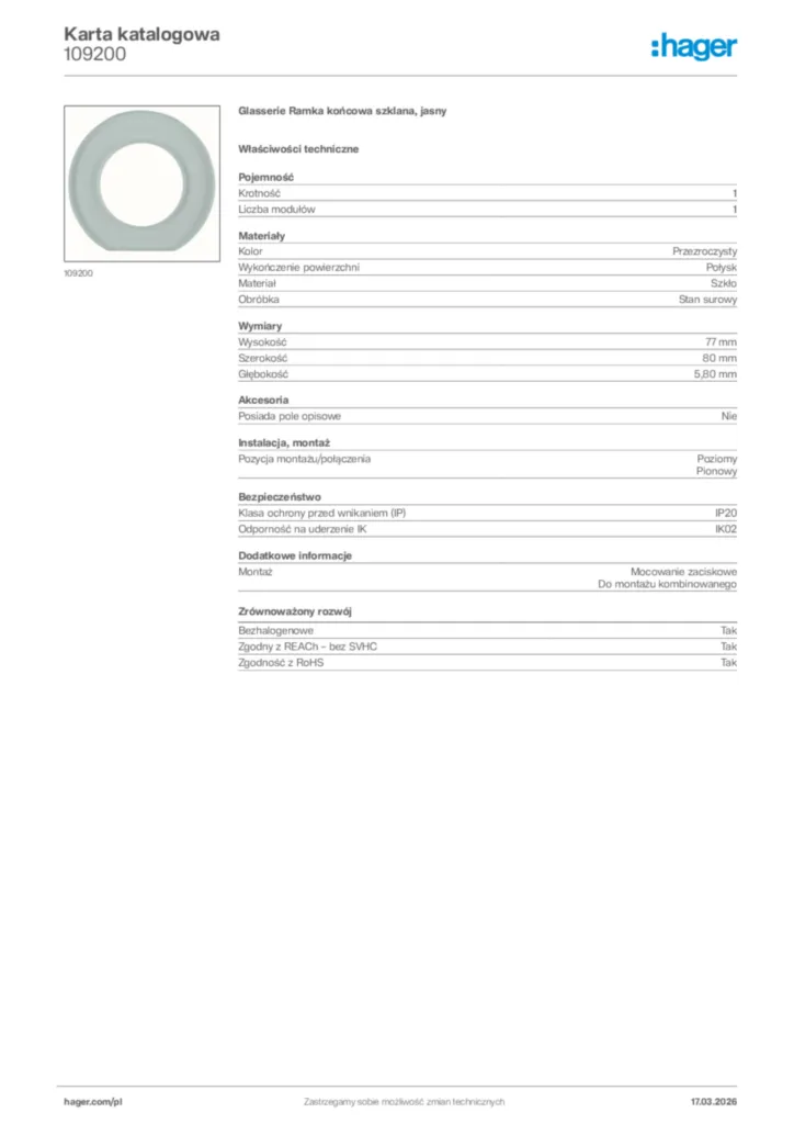 Zdjęcie Hager Karta katalogowa 109200 | Hager Polska