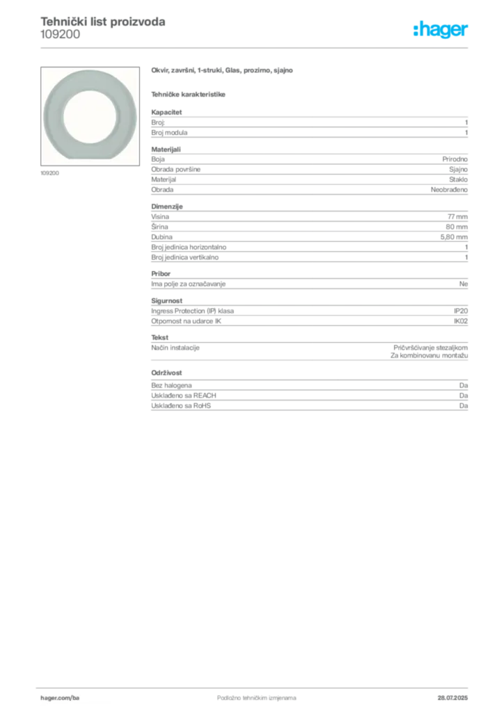Slika Hager Product data sheet 109200  | Hager