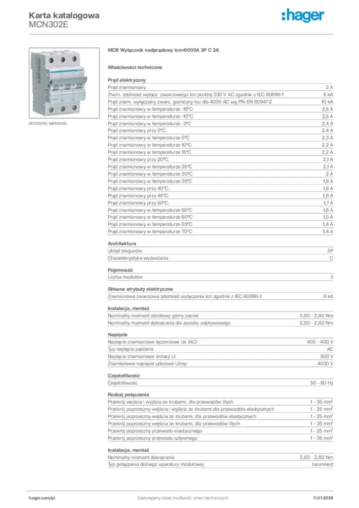 Zdjęcie Hager Karta katalogowa MCN302E | Hager Polska
