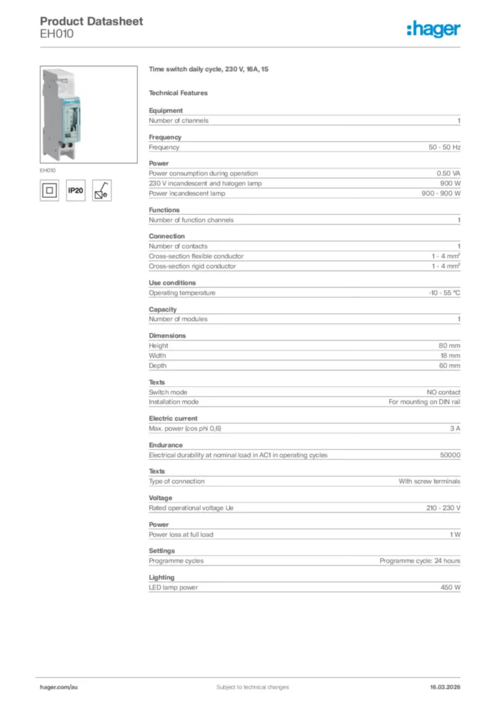 Image Hager Product data sheet EH010  | Hager Australia
