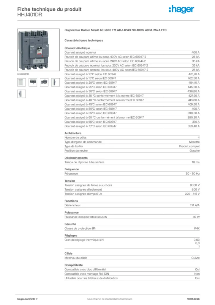 Image Hager Fiche technique du produit HHJ401DR | Hager Afrique