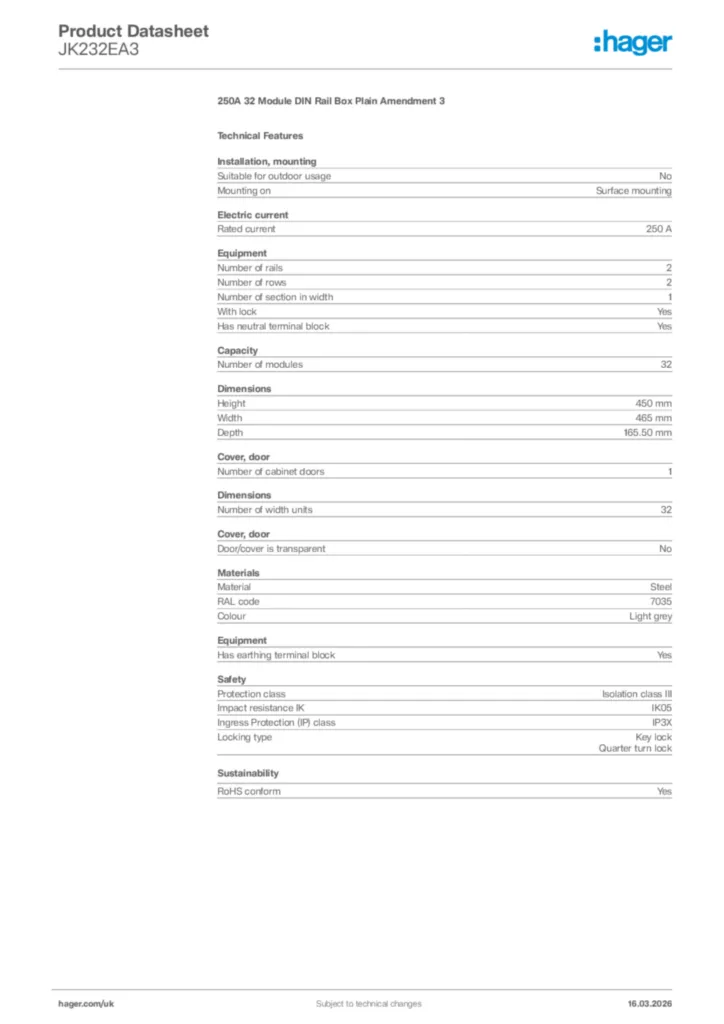 Image Hager Product data sheet JK232EA3  | Hager
