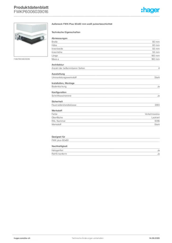 Bild Hager Produktdatenblatt FWKP6006039016 | Hager Schweiz