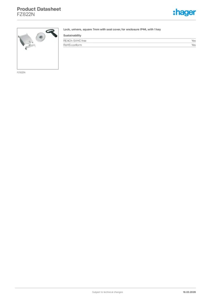 Image Hager Product data sheet FZ822N  | Hager Africa