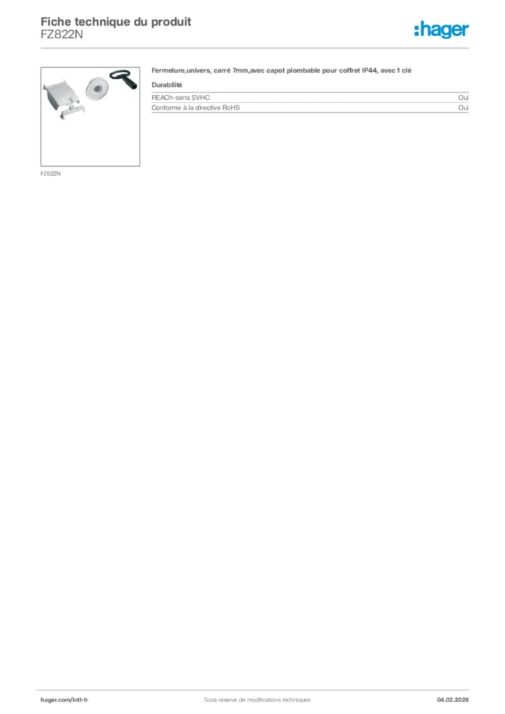 Image Hager Fiche technique du produit FZ822N | Hager Afrique