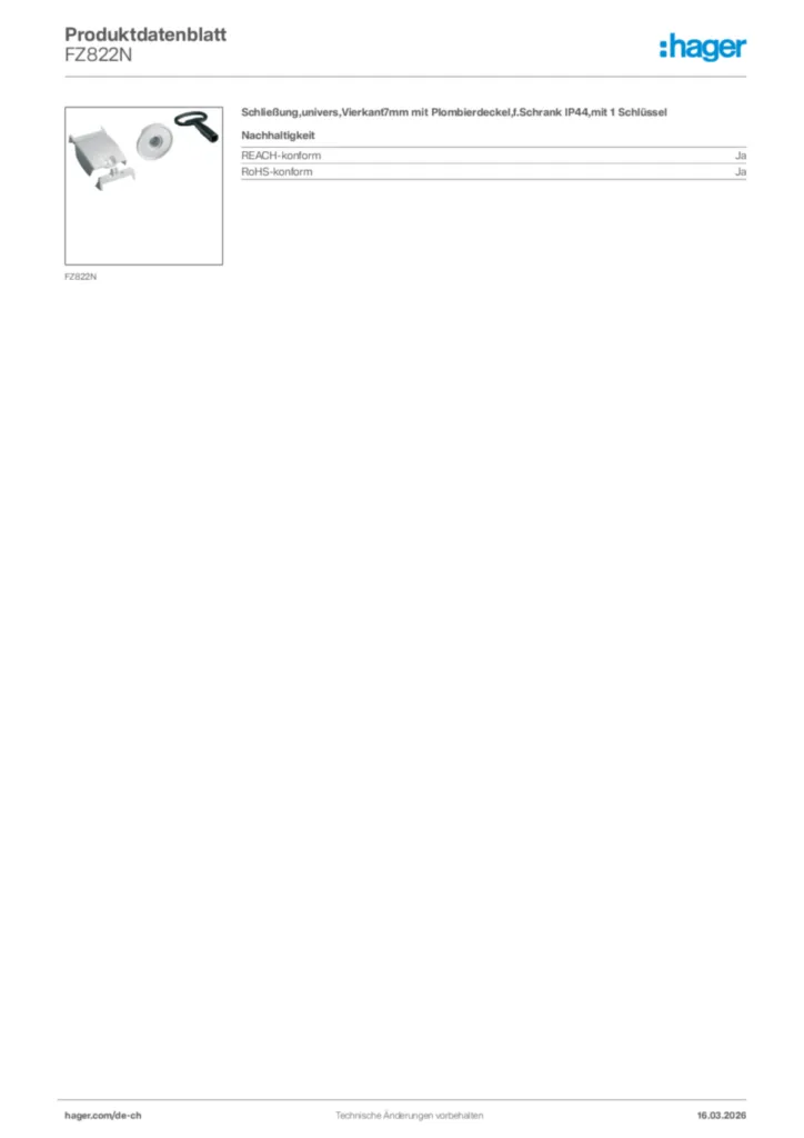 Bild Hager Produktdatenblatt FZ822N | Hager Schweiz